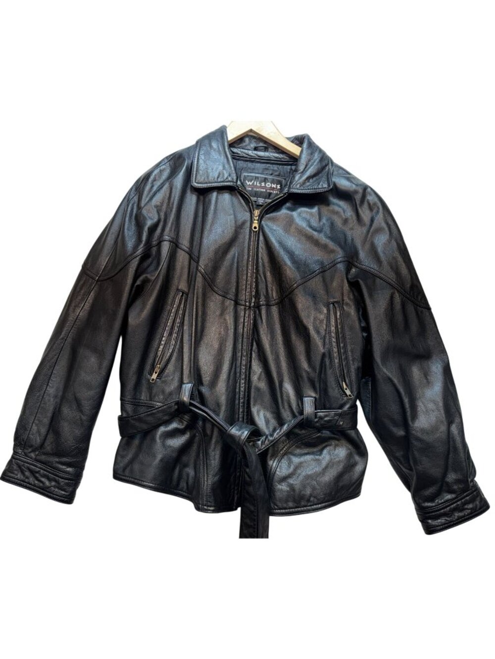 Wilsons Womens The Leather Experts Thinsulate Belted Jacket Full Zip Sz XL Black